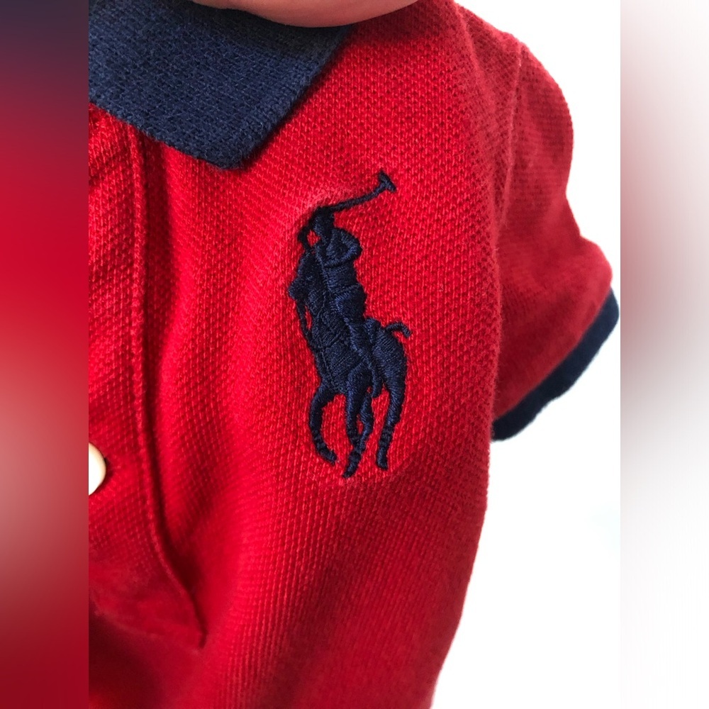 Ralph Lauren Boys 3M Red/Blue Polo Collared Short-Sleeved Romper w/Embroidery - Picture 10 of 10